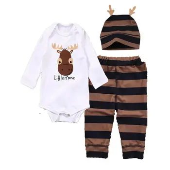 3PCS Set Nou-născut Fată Băiat de Crăciun Cerb Alb Topuri Drăguț Romper +Dungi Maro Pantaloni Lungi, Pălărie Tinutele vestimentare 0-18M