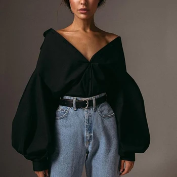2021 Lantern Maneca Tricou Alb Negru Sexy Casual Plus Dimensiune Bluza Pentru Femei Rândul Său, În Jos Guler Cardigan Doamnelor De Îmbrăcăminte De Sex Feminin 10903