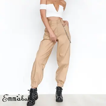 Fierbinte casual cu talie înaltă Nou Mozaic Femei Pantaloni Cargo Pantaloni Solid Punk Pierde Pantaloni Sport Lungi Cu Lant plus dimensiune