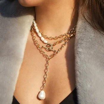 2020 Nou Boemia De Epocă T Pin Geometrică Colier De Perle Pentru Femei De Moda De Aur De Culoare Lanț Pandantiv Coliere Bijuterii