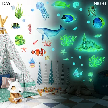 Luminos lume subacvatică decal pește ocean desene animate perete autocolant fluorescent tapet decorativ autocolant de perete pentru camere de copii