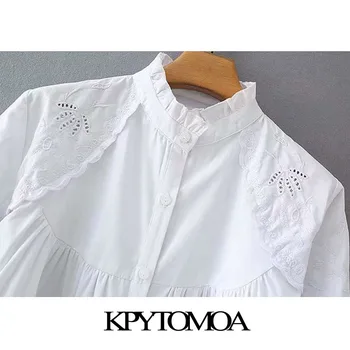 KPYTOMOA Femei 2020 Moda Cu Zburli Ornamente Broderie Bluze Largi Felinar Vintage Maneca Buton-up Feminin Tricouri Topuri Chic