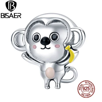 BISAER Maimuță Minunat Margele Argint 925 CZ Email Animale Farmecele se Potrivesc Brățară Colier Pandantiv Moda Bijuterii ECC1575