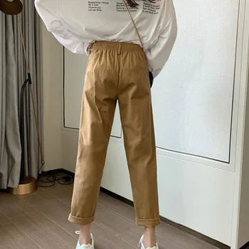 Pantaloni Femei Glezna-lungime Solidă Talie Elastic Buzunare Butonul Vrac Direct Streetwear All-meci Stil coreean BF de zi cu Zi pentru Femei Nou