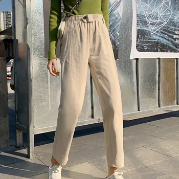 Pantaloni Femei Glezna-lungime Solidă Talie Elastic Buzunare Butonul Vrac Direct Streetwear All-meci Stil coreean BF de zi cu Zi pentru Femei Nou