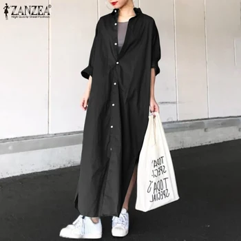 2021 ZANZEA Sundress Moda de Toamna cu Maneci Lungi Rever Gât Tricou Lung Rochie Rochii Largi Casual Solid Split Tiv Vestidos Caftan