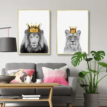 Animale Poster Coroana De Aur Panza Pictura Regele Leu Regina Wall Art Print Tablouri Moderne Pentru Camera De Zi De Pe Perete Decor Acasă
