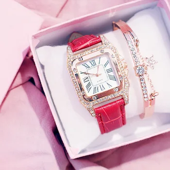 Femei de moda Brățară Ceas Setat la Modă Rose Gold Cadran Pătrat Diamant, Cuarț Încheietura Ceasuri pentru Femei Rochii de cel Mai bun Cadou Cutie 2020