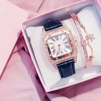 Femei de moda Brățară Ceas Setat la Modă Rose Gold Cadran Pătrat Diamant, Cuarț Încheietura Ceasuri pentru Femei Rochii de cel Mai bun Cadou Cutie 2020