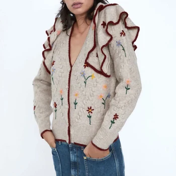 Vintage V-Neck Volane Pulover Tricotat Pentru Femei De Moda Slim Print Cu Maneci Lungi Eurpean Cardigan Pulover Casual Pierde Topuri Chic 2020
