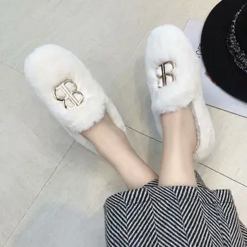 2020 Pantofi pentru Femei de Iarnă WarmFlat Pantofi Casual Mocasini Slip on pentru Femei Balerini Pantofi de Pluș Cercul de Metal