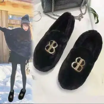 2020 Pantofi pentru Femei de Iarnă WarmFlat Pantofi Casual Mocasini Slip on pentru Femei Balerini Pantofi de Pluș Cercul de Metal