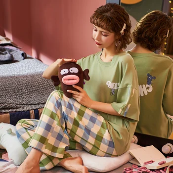 MELIFLE Moda de Vara Mătase Verde Seturi de Pijamale pentru Femei din Bumbac PIJAMA Satin Moale Sleepwear Atoff Acasă Kawaii Lounge îmbrăcăminte de noapte