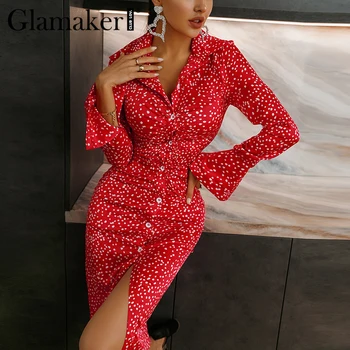 Glamaker Polka dot imprimate roșu de moda rochie midi de toamna si Iarna satin doamne de birou butoane 2020 nou stil rochie eleganta