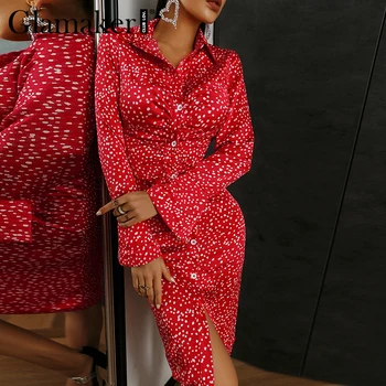 Glamaker Polka dot imprimate roșu de moda rochie midi de toamna si Iarna satin doamne de birou butoane 2020 nou stil rochie eleganta