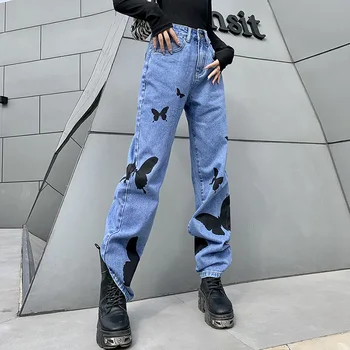 InsGoth Harajuku Fluture De Imprimare Blugi Goth Estetice De Înaltă Talie Pantaloni Streetwear Grunge Chic Supradimensionate Femei Pantaloni Pantaloni
