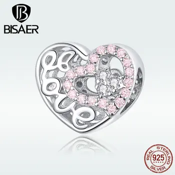 Inima Margele BISAER Argint 925 Dragoste Inima Roz Placat cu Margele Amulete pentru a se potrivi Originale Brățări de Argint 925 Bijuterii ECC1301