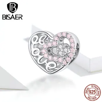 Inima Margele BISAER Argint 925 Dragoste Inima Roz Placat cu Margele Amulete pentru a se potrivi Originale Brățări de Argint 925 Bijuterii ECC1301