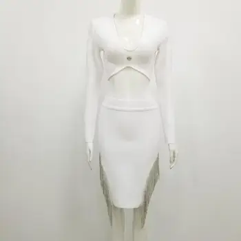 2020 Iarna Noi Femei Alb rochie Bodycon Bandaj 2-bucata Set Sexy cu Maneci Lungi V-neck Ciucure + Fusta Mini Club Petrecere Costum