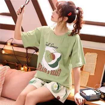 Pijama Seturi pentru Femei Mâneci Scurte Tipărite Dulce Carouri-jos Dimensiuni Mari 2XL Liber Pijamale de Vară Stil coreean Confortabil Șic