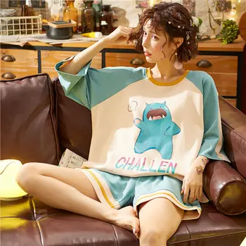 Pijama Seturi pentru Femei Mâneci Scurte Tipărite Dulce Carouri-jos Dimensiuni Mari 2XL Liber Pijamale de Vară Stil coreean Confortabil Șic