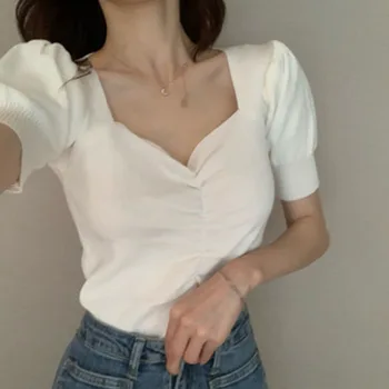 De Vară 2020 Sexy Femei T-Shirt Și Topuri Retro New Sosire Coreean Puff Sleeve Slim V-Neck Maneca Scurta-Pulover De Top De Sex Feminin
