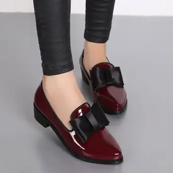 2020 Femei Stil Britanic de Brevete din Piele Pantofi Plat pentru Femei Pantofi Ascuțite Arc Toc mic pentru FEMEI de zi cu Zi Mocasini Pantofi de Lucru Groase