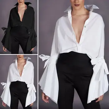 Tunica Femei Partid Topuri 2021 Moda Bluze Sexy Rever Gât Lung Flare Sleeve Shirt Birou Doamnelor Plus Dimensiune Bluza Casual Blusa