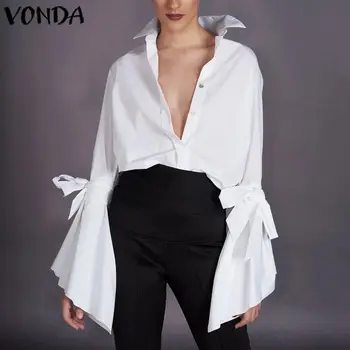 Tunica Femei Partid Topuri 2021 Moda Bluze Sexy Rever Gât Lung Flare Sleeve Shirt Birou Doamnelor Plus Dimensiune Bluza Casual Blusa