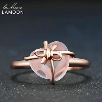 LAMOON 925 Inel Argint cu pietre semipretioase Cuart roz 18K Rose Gold Bijuterii Fine Inima Bowknot Nunta Trupa LMRI051