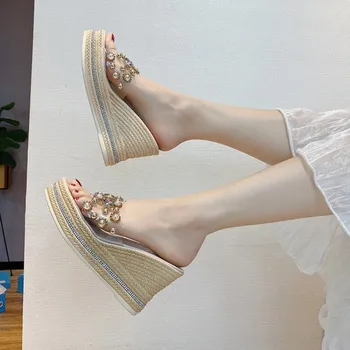 Wedge Sandale Pantofi Pentru Femei Peep Toe Transparent Perla De Sex Feminin Platforma De Vară Cool Sandale Jeleu Stras Nituri Pantofi Flats
