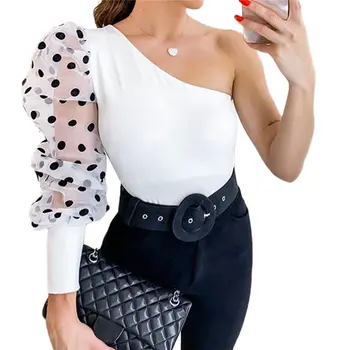 Vara Femei Femei tricou Fete cu Buline, Guler Oblic Manșon de Puf de sex Feminin pe Un umăr Temperament de Sus Bluza de Moda 2020