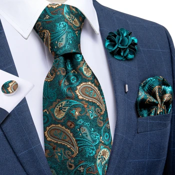 8cm Matase Mens Legături Teal Verde Paisley Cravate Pentru Barbatii de Afaceri Formal Cravate de Nuntă Pătrat de Buzunar Brosa Set DiBanGu