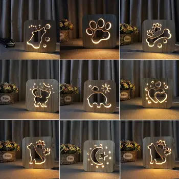 3D din Lemn Labă de Câine, Pisică Lampa de Dormitor Copii Decorare Lumina Calda Miau Bulldog USB cu LED-uri Lumina de Noapte pentru Copii Cadou de Dropshipping
