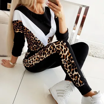 Trening Două Bucata Set Pentru Femei Haine De Toamna Leopard Imprimate Despicare Tricou Top Si Pantaloni De Jogging Seturi De Sex Feminin Tinuta Sport