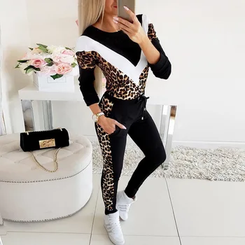 Trening Două Bucata Set Pentru Femei Haine De Toamna Leopard Imprimate Despicare Tricou Top Si Pantaloni De Jogging Seturi De Sex Feminin Tinuta Sport