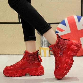 2020 Primăvară Pene de Pantofi pentru Femei Bling Paiete Pânză Roșie High Top Adidași Respirabil Fund Gros de Agrement Pantofi Femei
