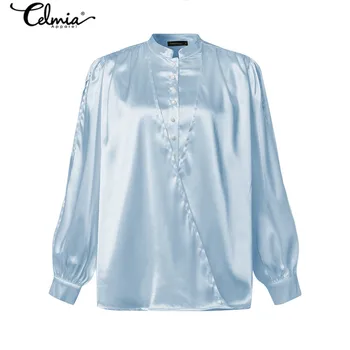 Femei Elegante OL Bluze din Satin Celmia de Moda Casual, cu Maneci Lungi Split Slik Top Vrac Plus Dimensiune Butoane Biroul Tricouri Topuri 5XL