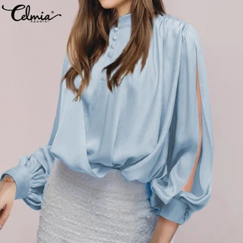 Femei Elegante OL Bluze din Satin Celmia de Moda Casual, cu Maneci Lungi Split Slik Top Vrac Plus Dimensiune Butoane Biroul Tricouri Topuri 5XL