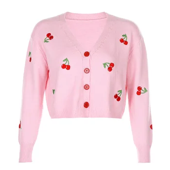 Toamna Iarna Nou cu Mâneci Lungi Tricotate Cherry Brodate Cardigan Jacheta Topuri de Moda Tendințele Europene American de Îmbrăcăminte pentru Femei