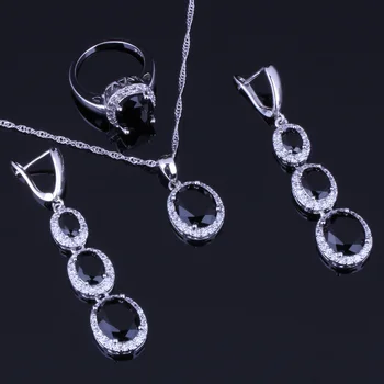 Bun aspect Oval Negru Cubic Zirconia Albe CZ Placat cu Argint Seturi de Bijuterii Cercei Pandantiv Lanț Inel V0036