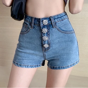 2020 moda coreeană pantaloni de vară Diamant Butonul de pantaloni Scurti din Denim Femei albastru/negru Blugi pantaloni Scurți Talie Mare Sexy Femei super sexi