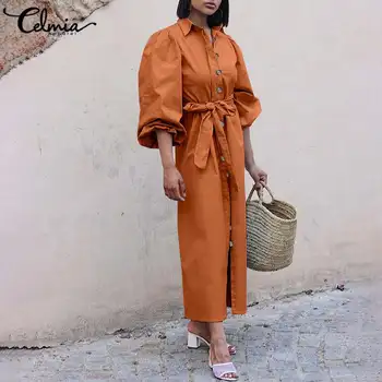 Femei cu Maneci Lungi Rochie Office-Eleganta Celmia 2021 Moda Puff Maneca Butoane Vestidos Halat de Centură Liber Casual Rochii Midi