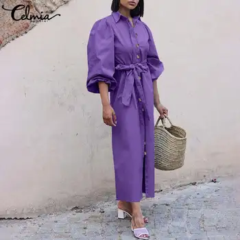 Femei cu Maneci Lungi Rochie Office-Eleganta Celmia 2021 Moda Puff Maneca Butoane Vestidos Halat de Centură Liber Casual Rochii Midi