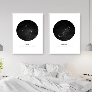 Nordic Constelații Pepinieră Arta de Perete Panza Pictura Astrologie Semn Alb Negru Poster de Imprimare imagini de perete pentru Camera de zi