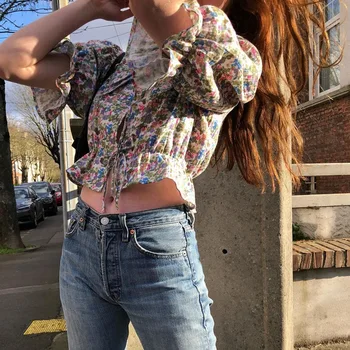 Femei Florale Imprimare Bluza Toamna anului 2020 Hot-vânzare INS Dulce Dantela-up Șifon Cămașă Chic Scurt Puff Maneca Streetwear Sus Blusa
