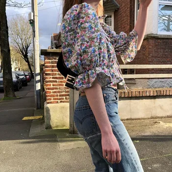 Femei Florale Imprimare Bluza Toamna anului 2020 Hot-vânzare INS Dulce Dantela-up Șifon Cămașă Chic Scurt Puff Maneca Streetwear Sus Blusa
