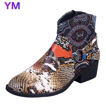 Femeile 2020 Moda Glezna Cizme Rotund Toe Toc Patrat Scăzută Cizme de Toamna/Iarna cu Fermoar pantofi din piele de Sarpe Model PU Cizme Zapatos 43