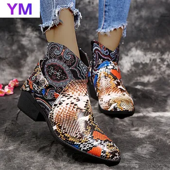 Femeile 2020 Moda Glezna Cizme Rotund Toe Toc Patrat Scăzută Cizme de Toamna/Iarna cu Fermoar pantofi din piele de Sarpe Model PU Cizme Zapatos 43