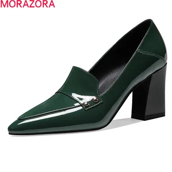 MORAZORA 2021 Plus Dimensiune 34-42 Femei Pompe din Piele Tocuri inalte Pantofi de Primavara-Vara Rochie Office Pantofi Negru, Verde Inchis